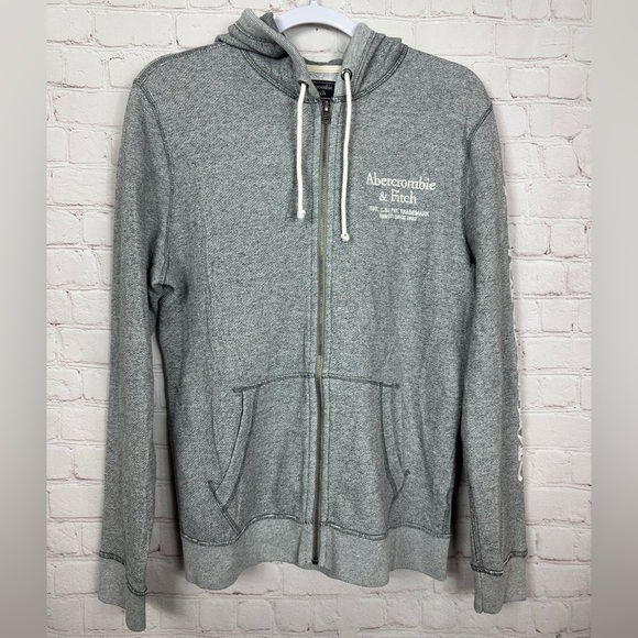 Abercrombie & Fitch Gray Full Zip‎ Hooded Jacket Sweatshirt Y2K Spellout Sz S - Picture 1 of 7